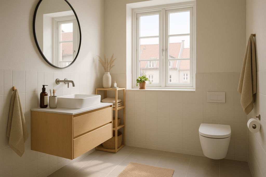 A tidy Danish bathroom with an organized layout, subtle design accents, and balanced natural light.