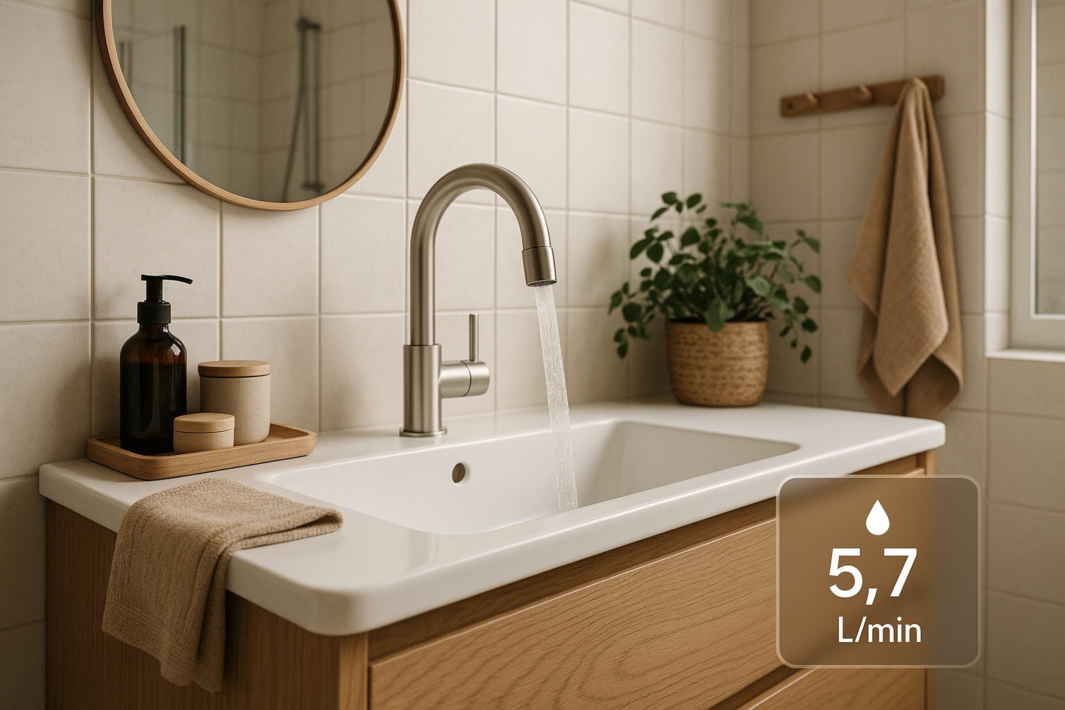 A faucet releasing aerated stream with flow-rate graphic overlay, full bathroom shot.