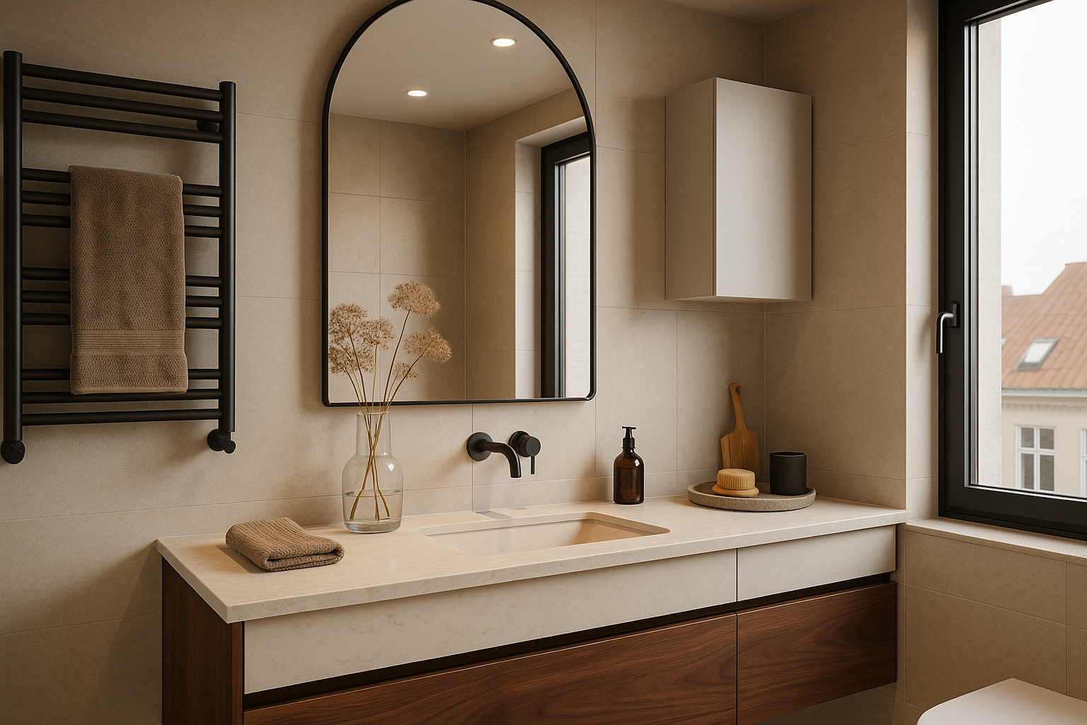 A contemporary modular bathroom with adjustable elements, crisp lines, and a mix of bright and warm light.
