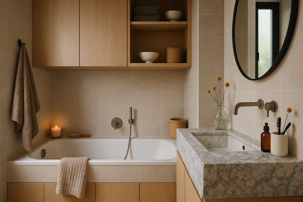Tiny Scandinavian bathroom with a built-in tub and storage all around.