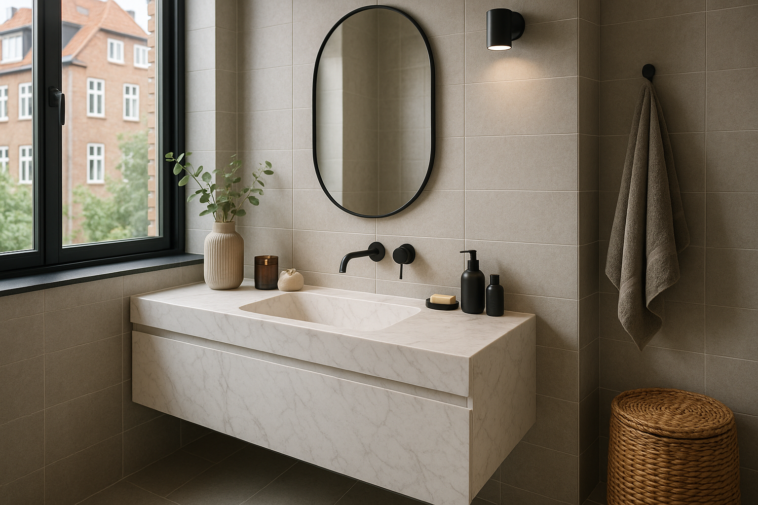 Person med VR-briller ser badeværelsesdesign i virtuel rum