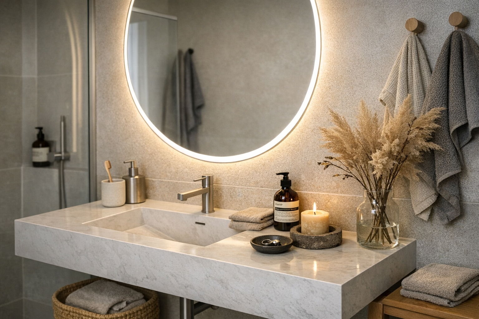 Badeværelse med LED-belysning omkring spejlet