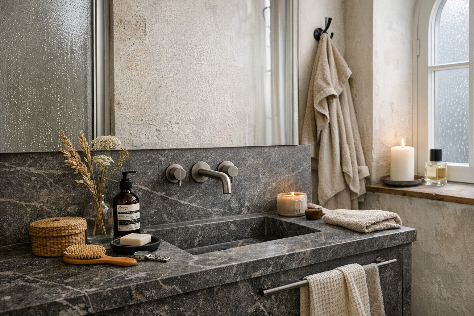 Et ældre badeværelse der integrerer moderne vådrums-løsninger