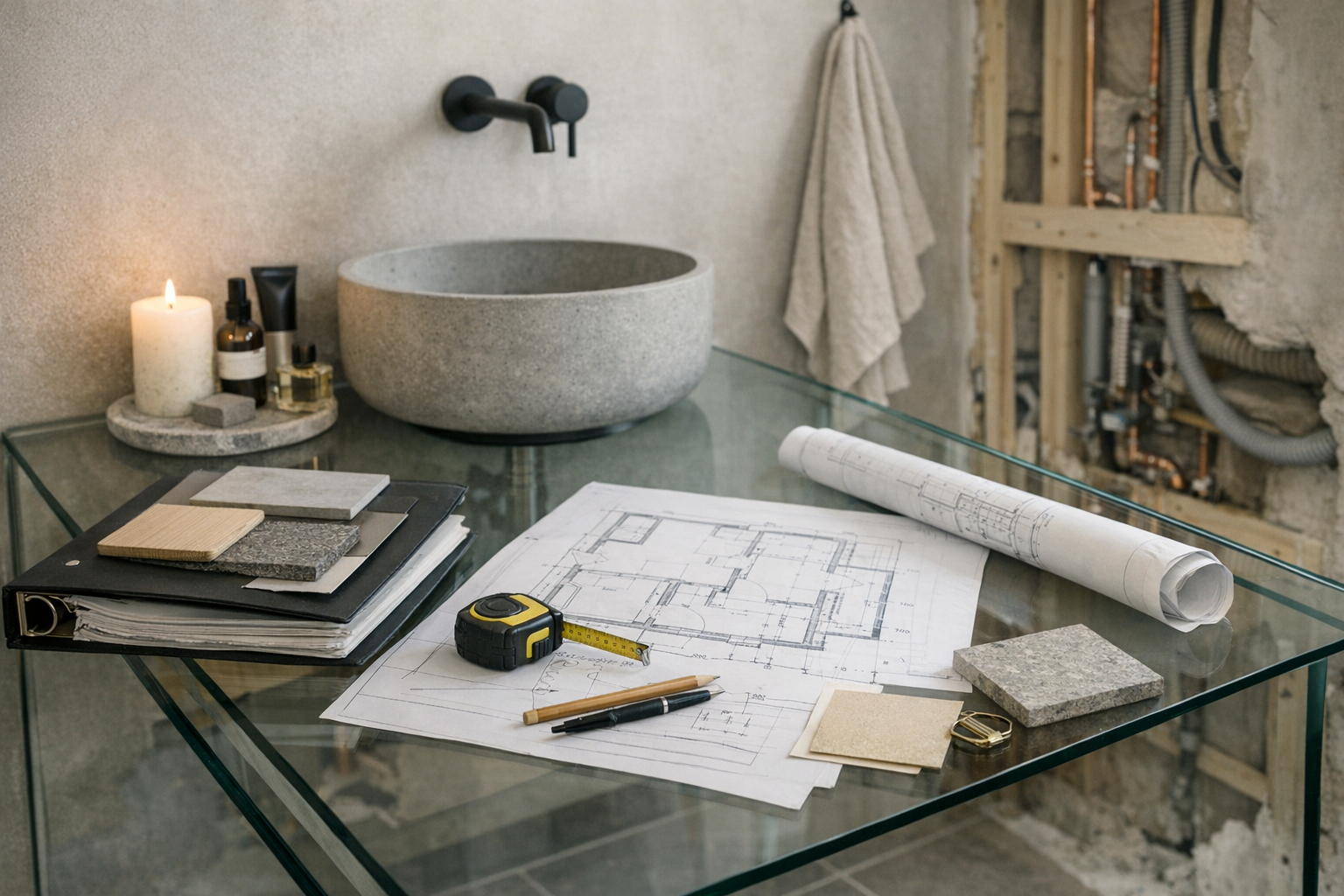 Et badeværelsesrenoveringsprojekt i gang med åbne dele og arbejdsbordet, hvor mapper, mål og materialemarkeringer ligger frem, og viser en systematisk dokumentationsproces