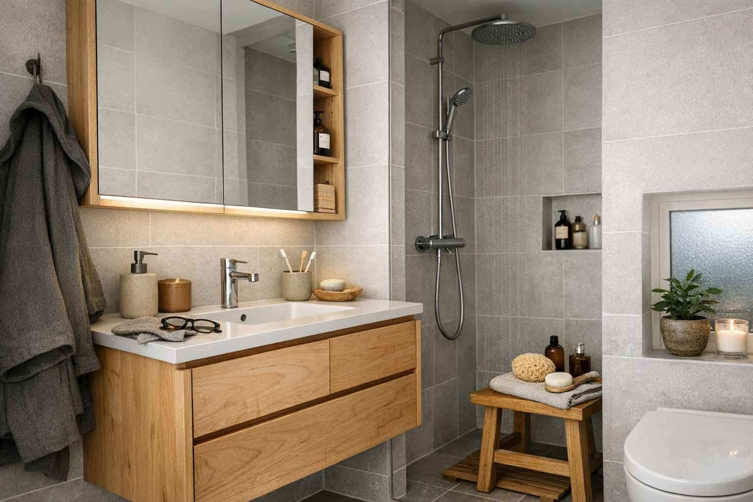 Et kompakt badeværelse med vægmonterede skabe og spejl med integreret opbevaring, åben bruseområde og minimalistiske fliser, der illustrerer effektiv pladsudnyttelse i et lille rum.