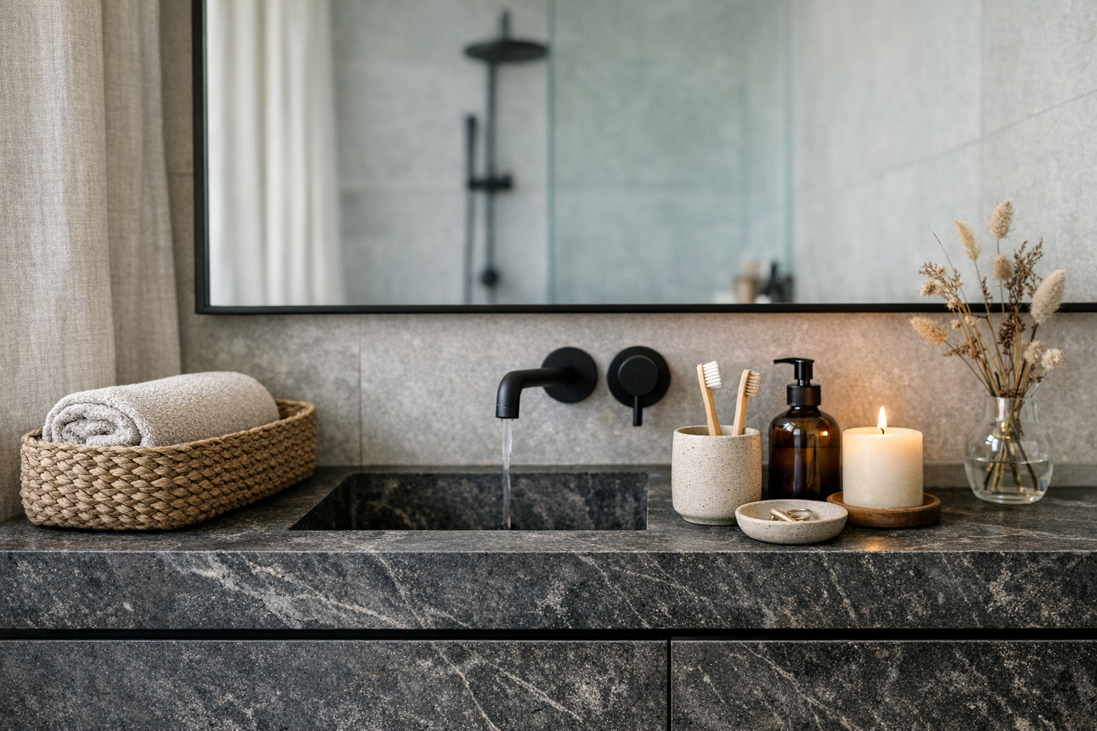 Et badeværelsesrenoveringsprojekt i gang med fokus på affaldssortering: en håndværker står ved en arbejdsbænk og placerer byggematerialer i tydelige affaldscontainere til genbrug og restaffald; vådrummet ligger åbent i baggrunden.