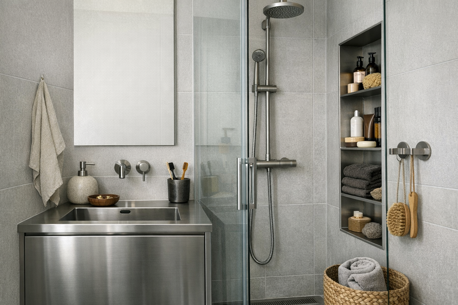 Et lille badeværelse med en gennemsigtig brusevæg, vandafledning og vægpaneler; fokus på pladsbesparelse, nem rengøring og tydelig opbevaring langs brusenichen.