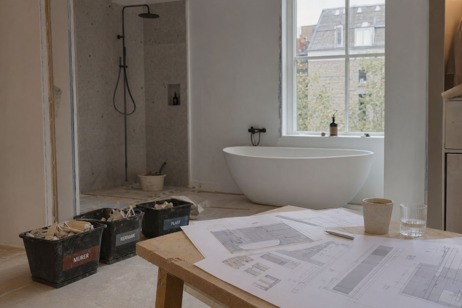 Et badeværelsesrenoveringsprojekt i gang med fokus på bæredygtige materialer, affaldssortering ved arbejdspladsen og en projektplan spredt ud over bordet.