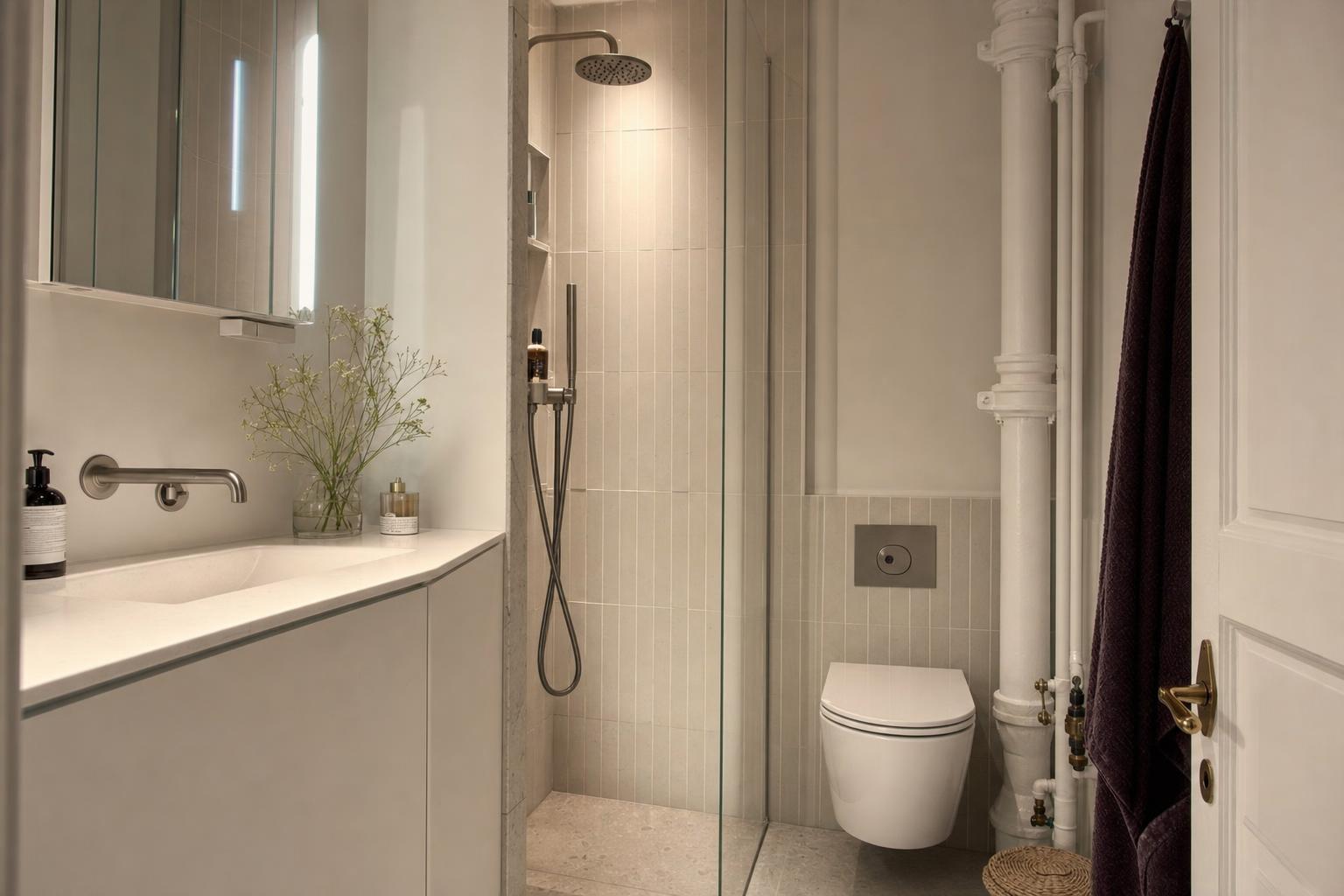 Badeværelse på Frederiksberg med kompakt bruseniche, synlig faldstamme og væghængt toilet i ældre lejlighed