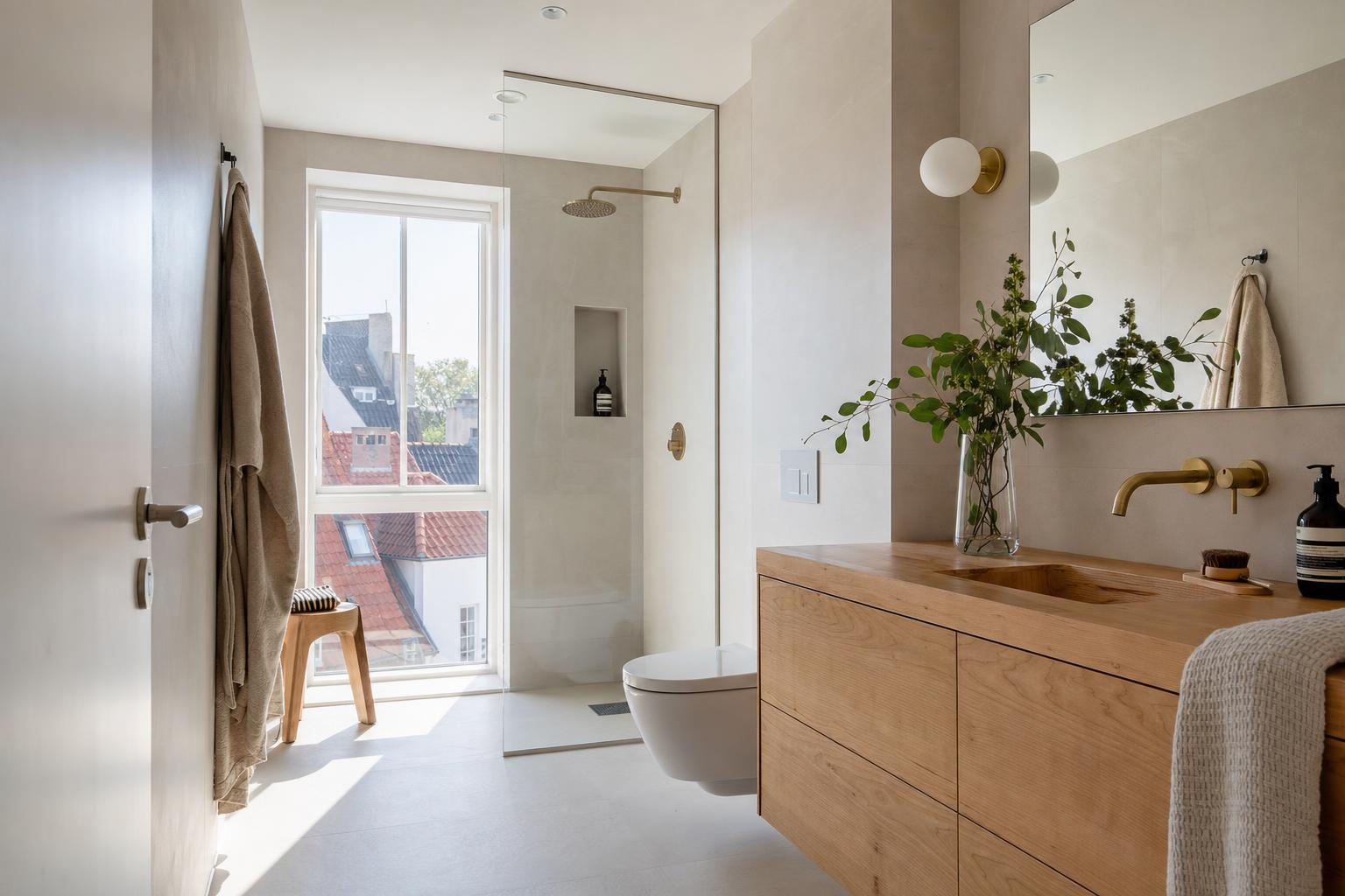 Ventilation i badeværelset i moderne rum med diskret loftsudsugning, dagslys og god luftcirkulation.